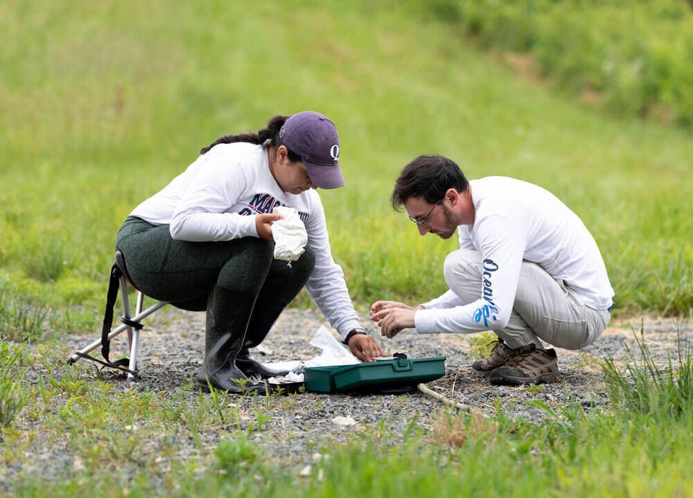 Two students perform research procedures in a field
